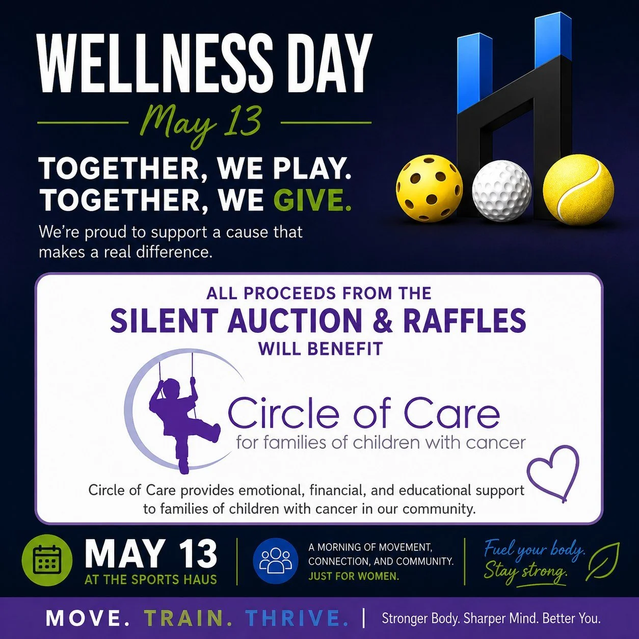 💜 TOGETHER, WE PLAY. TOGETHER, WE GIVE. 💜

We are proud to announce that Circle of Care will be the beneficiary of all proceeds from the Silent Auction &amp; Raffles during our Women&rsquo;s Wellness Day on May 13 at The Sports Haus.

Circle of Car