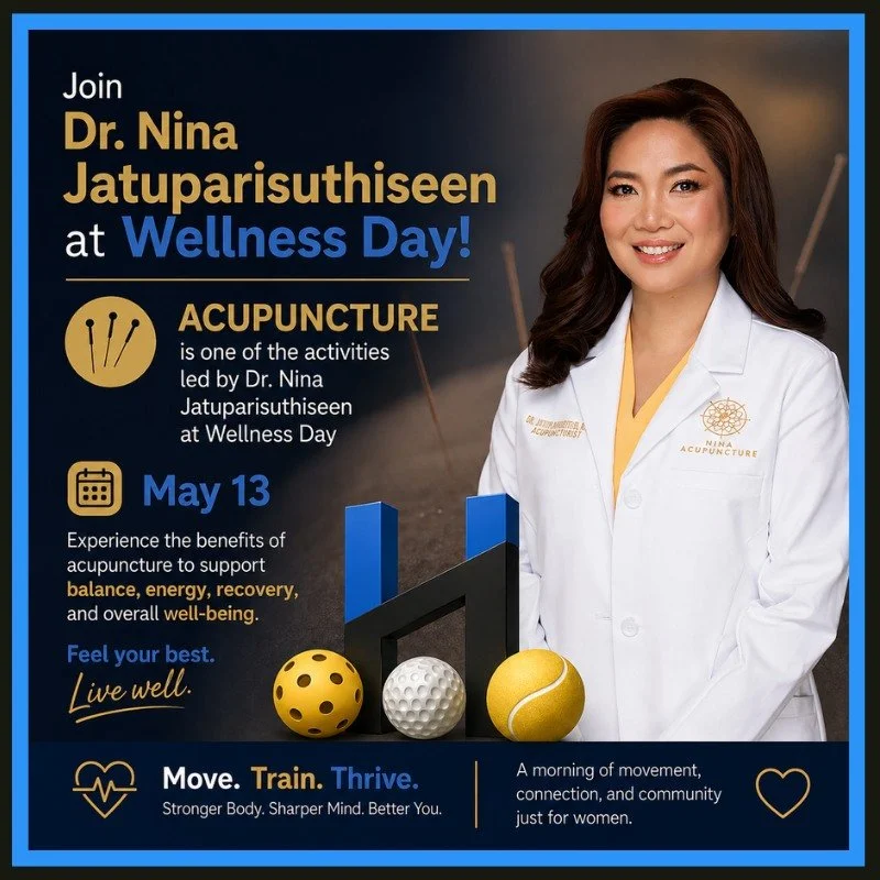 🌿 Acupuncture with Dr. Nina at Wellness Day

We&rsquo;re excited to welcome Dr. Kanokwan &ldquo;Nina&rdquo; Jatuparisuthiseen to our Women&rsquo;s Wellness Day on May 13 at The Sports Haus 💙

Dr. Nina is a board-certified, licensed acupuncturist an