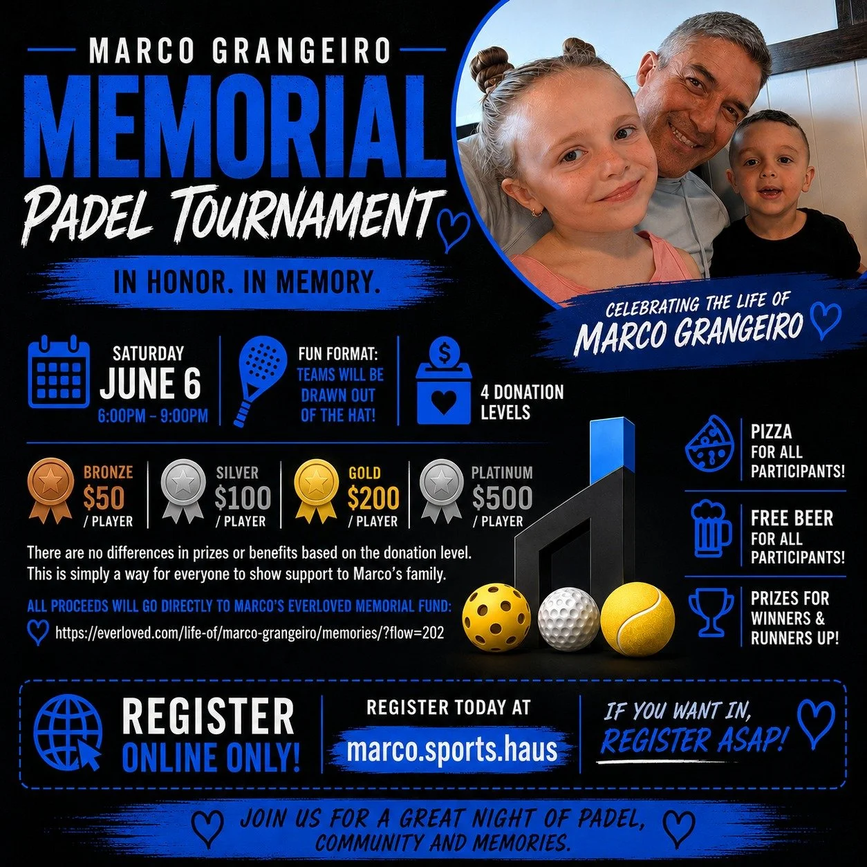 To celebrate and honor the life of our dear friend Marco Grangeiro, we will be organizing the Marco Grangeiro Memorial Padel Tournament.

The event will take place on Saturday, June 6 from 6:00 PM &ndash; 9:00 PM.

This will be a fun and social event