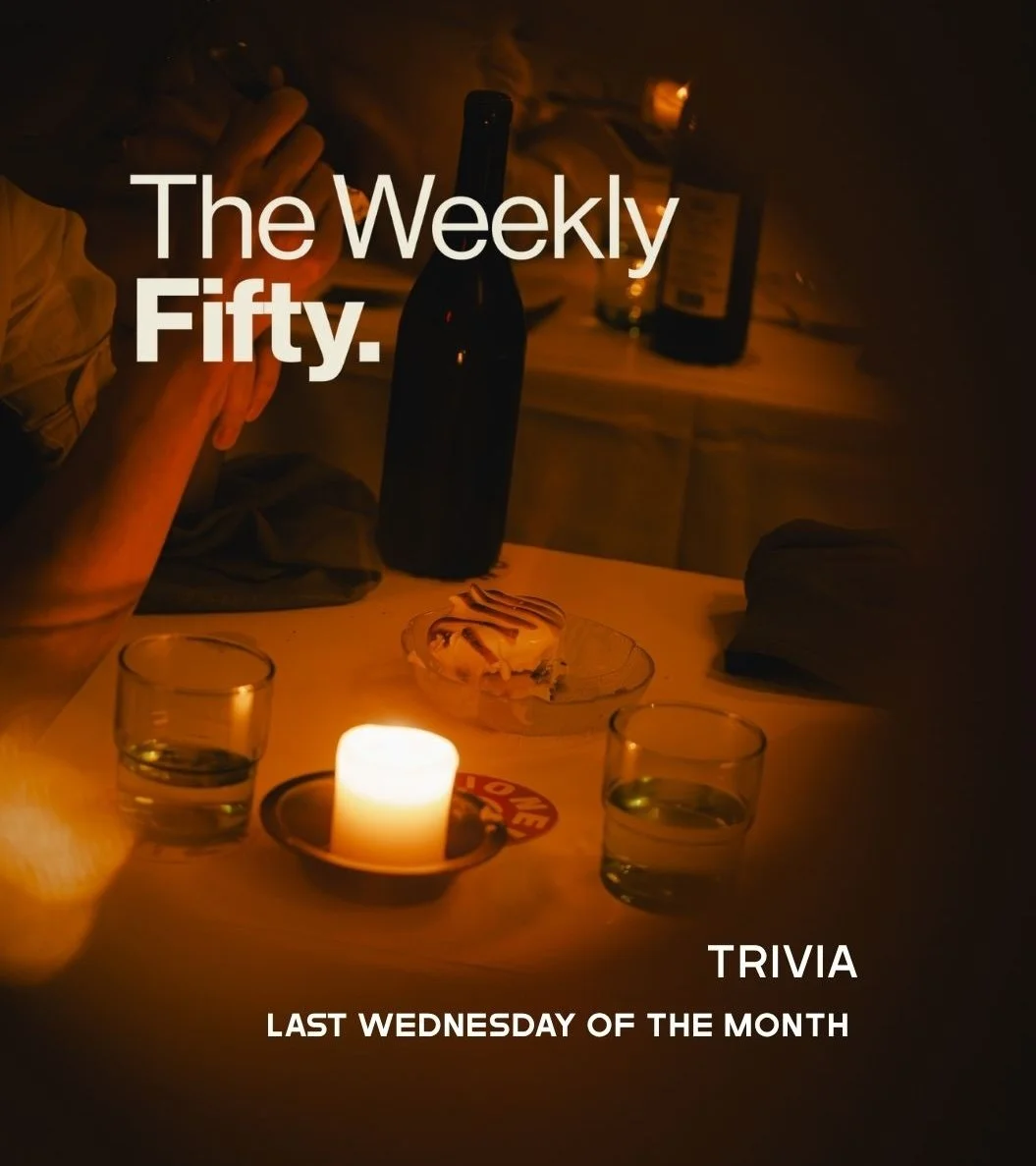 A promotional poster for trivia at a bar or restaurant, featuring a background photo of people socializing indoors, with text announcing trivia events on Redfern Street, last Monday of every month.