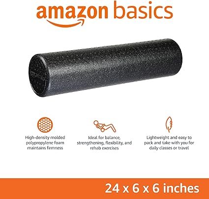 Amazon Basics high-density molded polypropylene foam roller, 24 x 6 x 6 inches, black, for balance, strengthening, and rehab exercises.