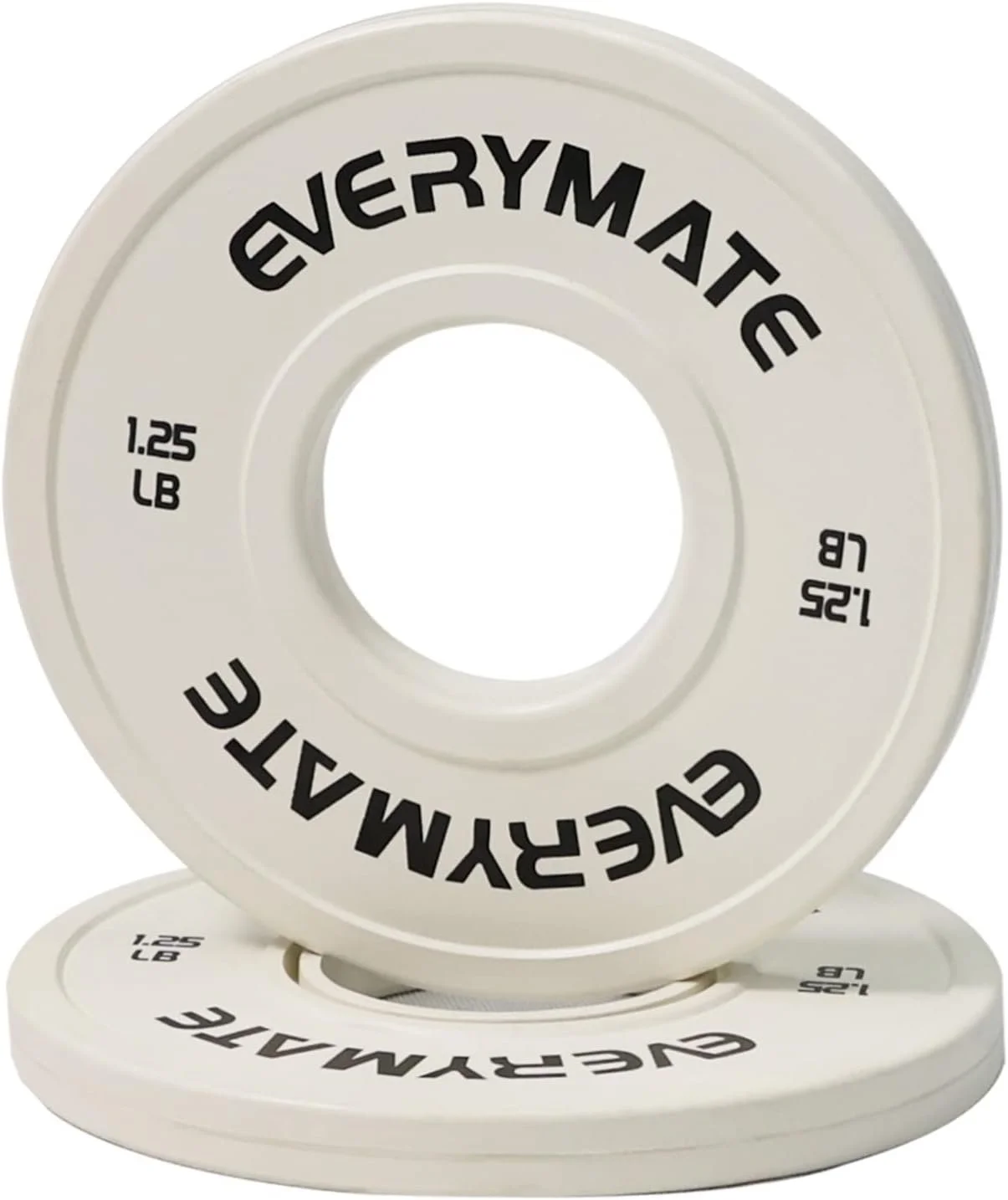 Two white skateboard wheels with black text reading 'EVERYMATE' and 'GUERRYME 1.25 LB 52'