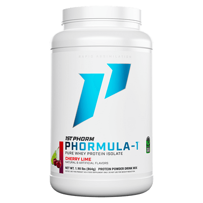 Container of 1st Phorm PHORMULA-1 protein powder with cherry lime flavor.