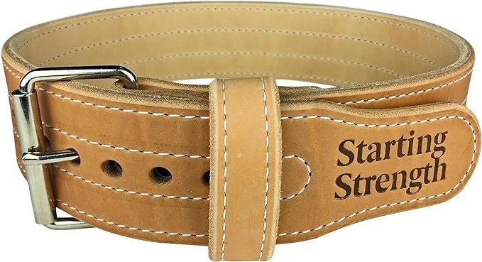 Leather weightlifting belt with metal buckle and the inscription 'Starting Strength' on the side