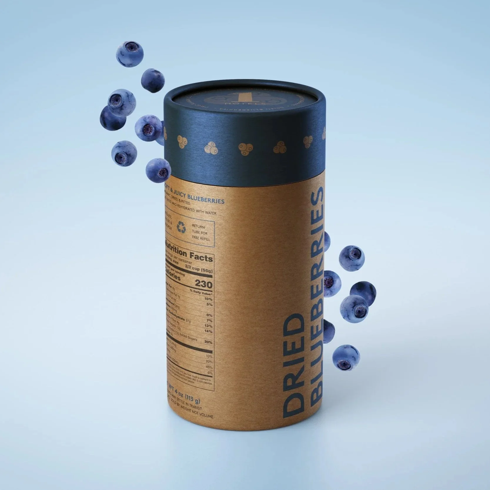 A cylindrical container of dried blueberries with fresh blueberries floating around it against a light blue background.