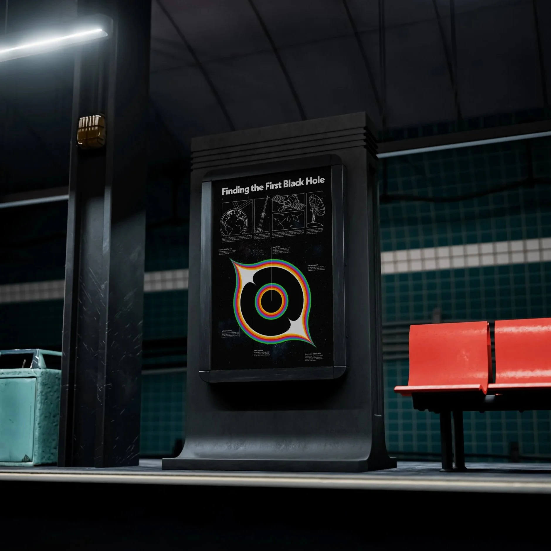 Poster titled 'Finding the First Black Hole' with diagrams of space and science illustrations, displayed in a dark, industrial setting with a red seat in front of it.