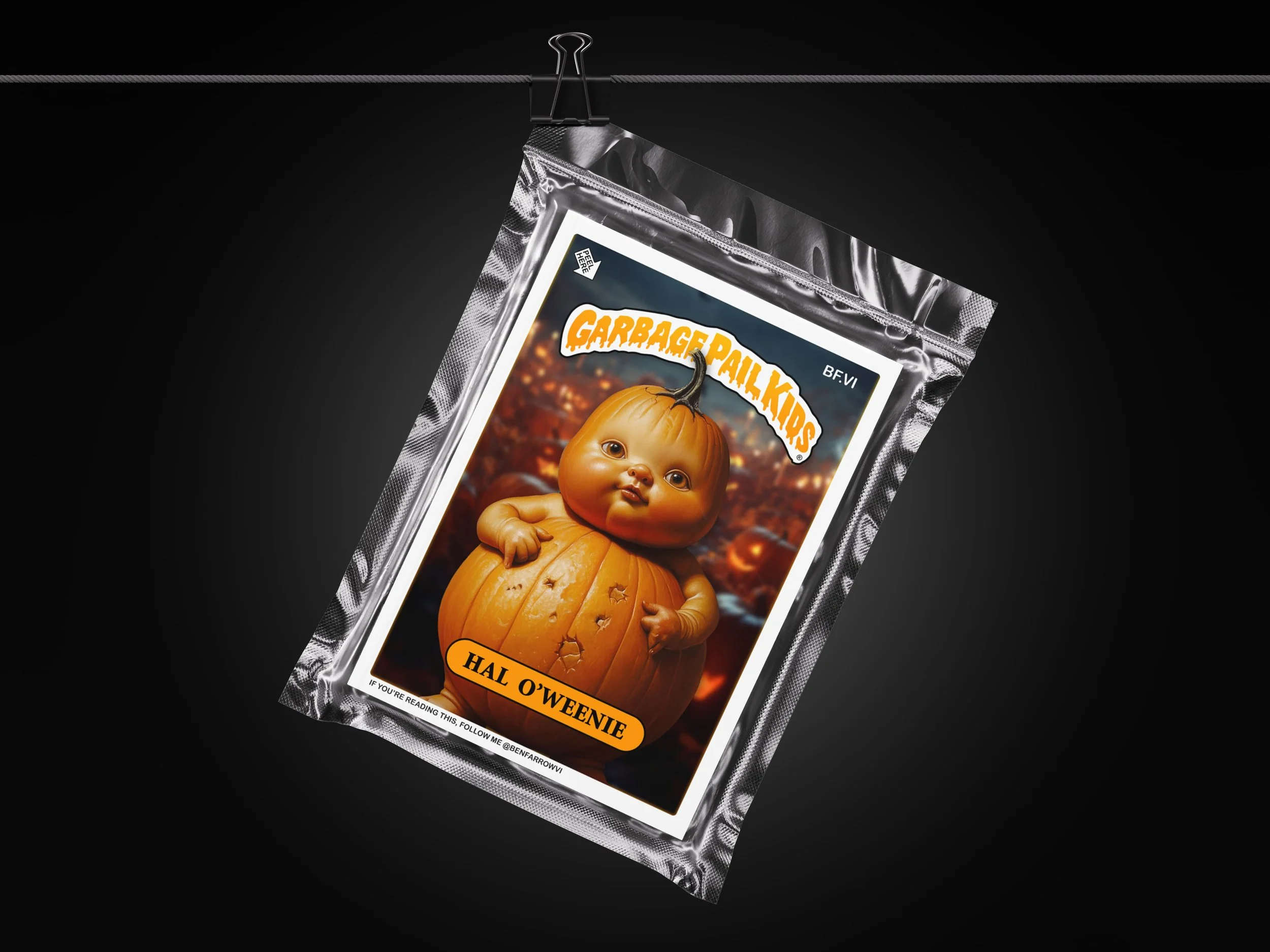 A Halloween-themed snack package labeled 'Garbage Pail Kids' featuring a baby with a pumpkin body and a carved pumpkin head. The package is metallic with a clear front, hanging on a black background.