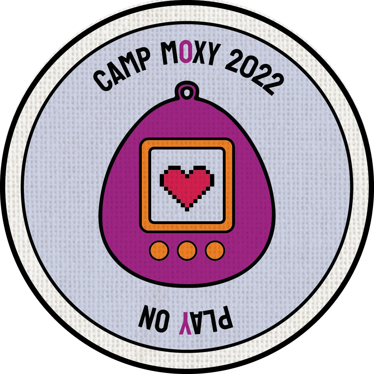 A circular patch or badge for Camp Moxy 2022 with a purple digital device showing a pixelated red heart.