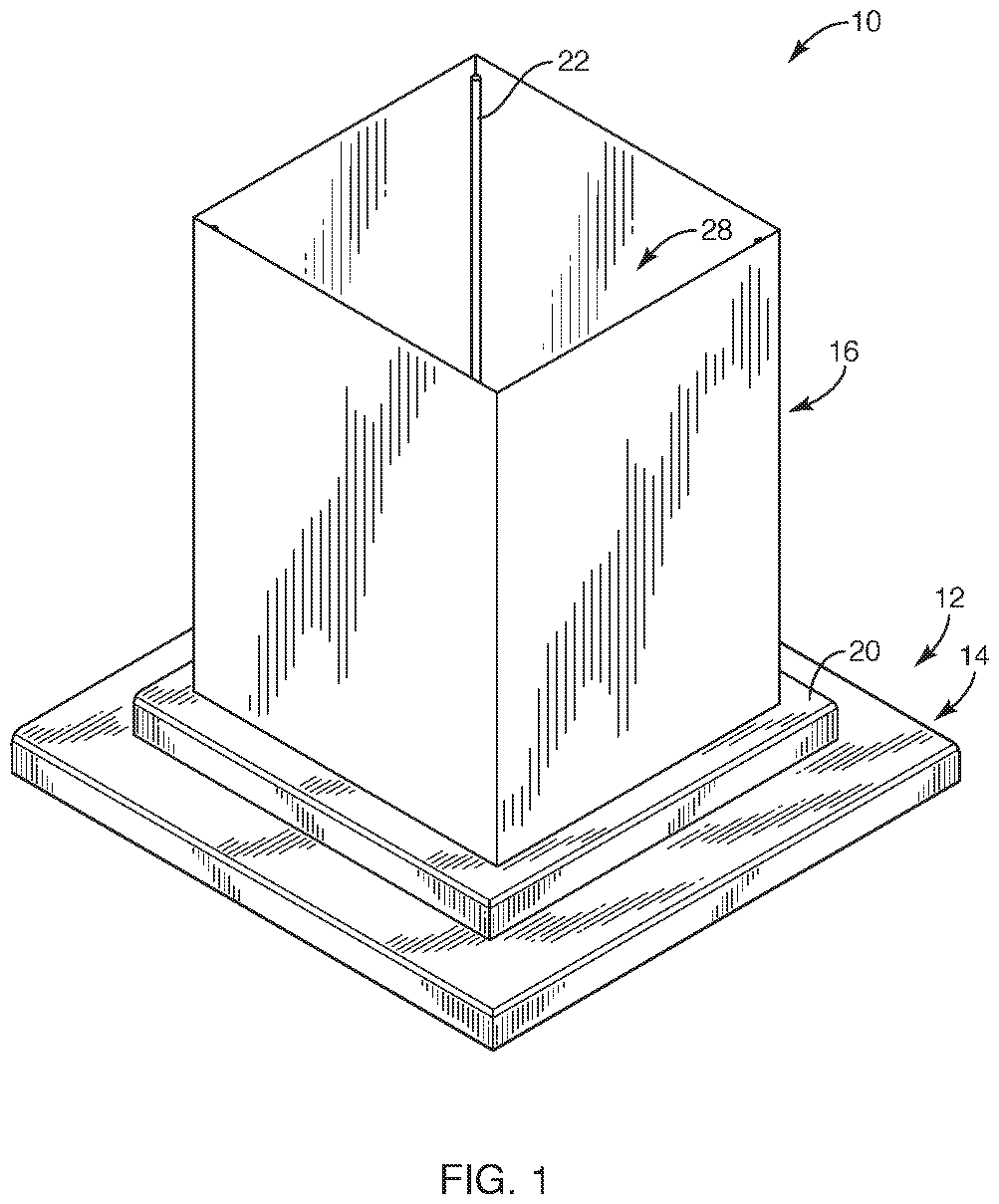 Isometric drawing of a cube-shaped structure mounted on a base with multiple layers, showing detailed lines indicating surface texture and structure.
