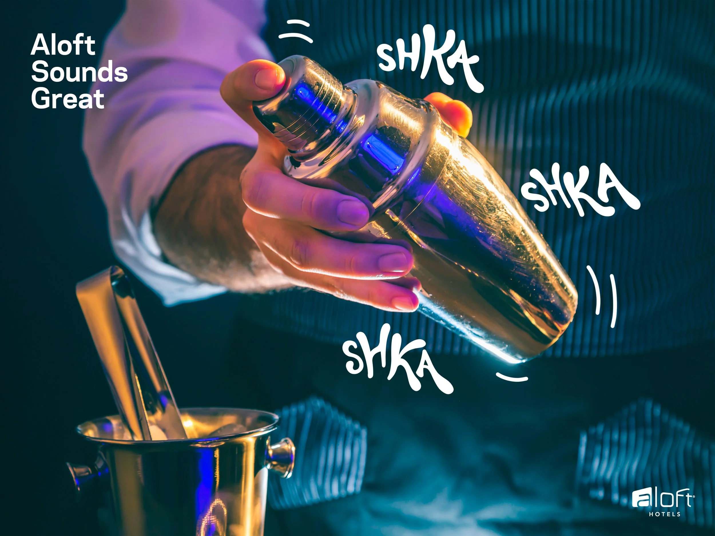 A person is pouring a beverage from a metallic cocktail shaker into a gold-colored cup, with the sound effects 'shka shka' illustrated around the shaker.