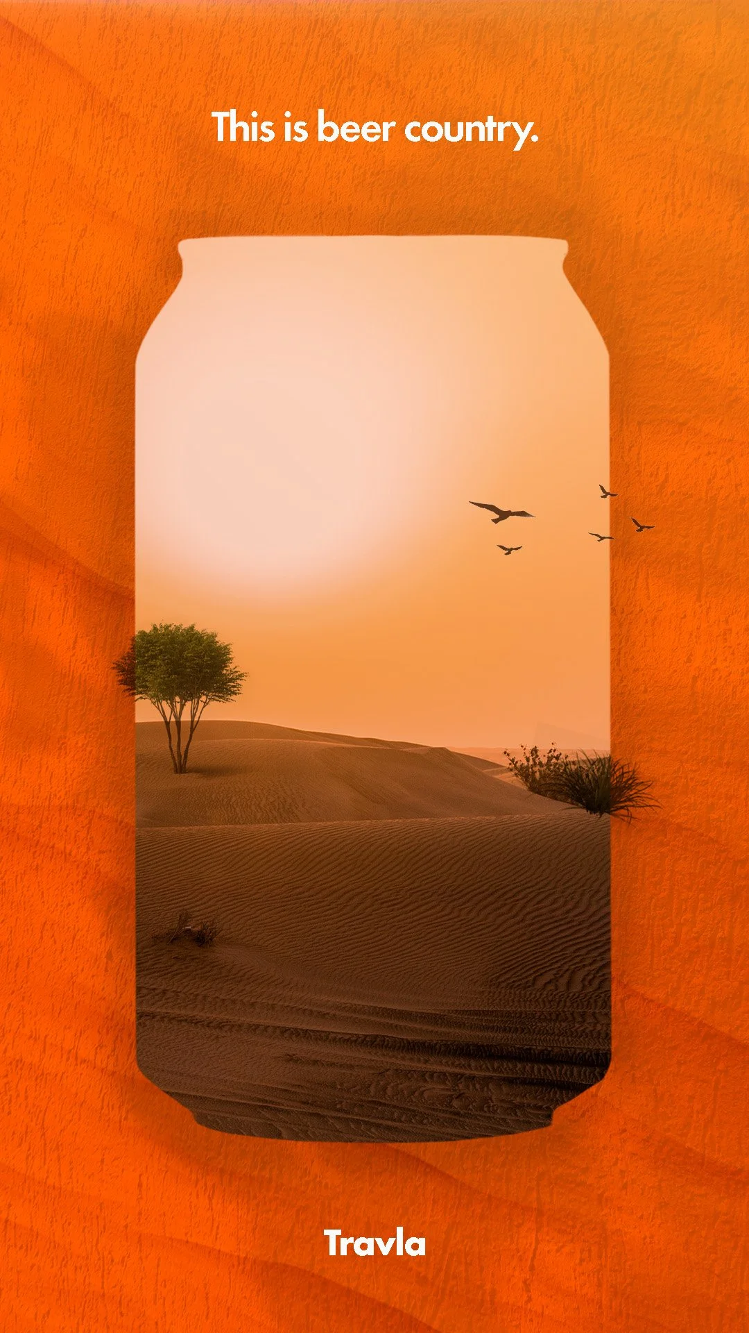 An orange background with a jar-shaped photo of a desert scene, featuring sand dunes, a few trees, and birds flying in the sky. The text on the image says, "This is beer country." and at the bottom, it says "Travila."