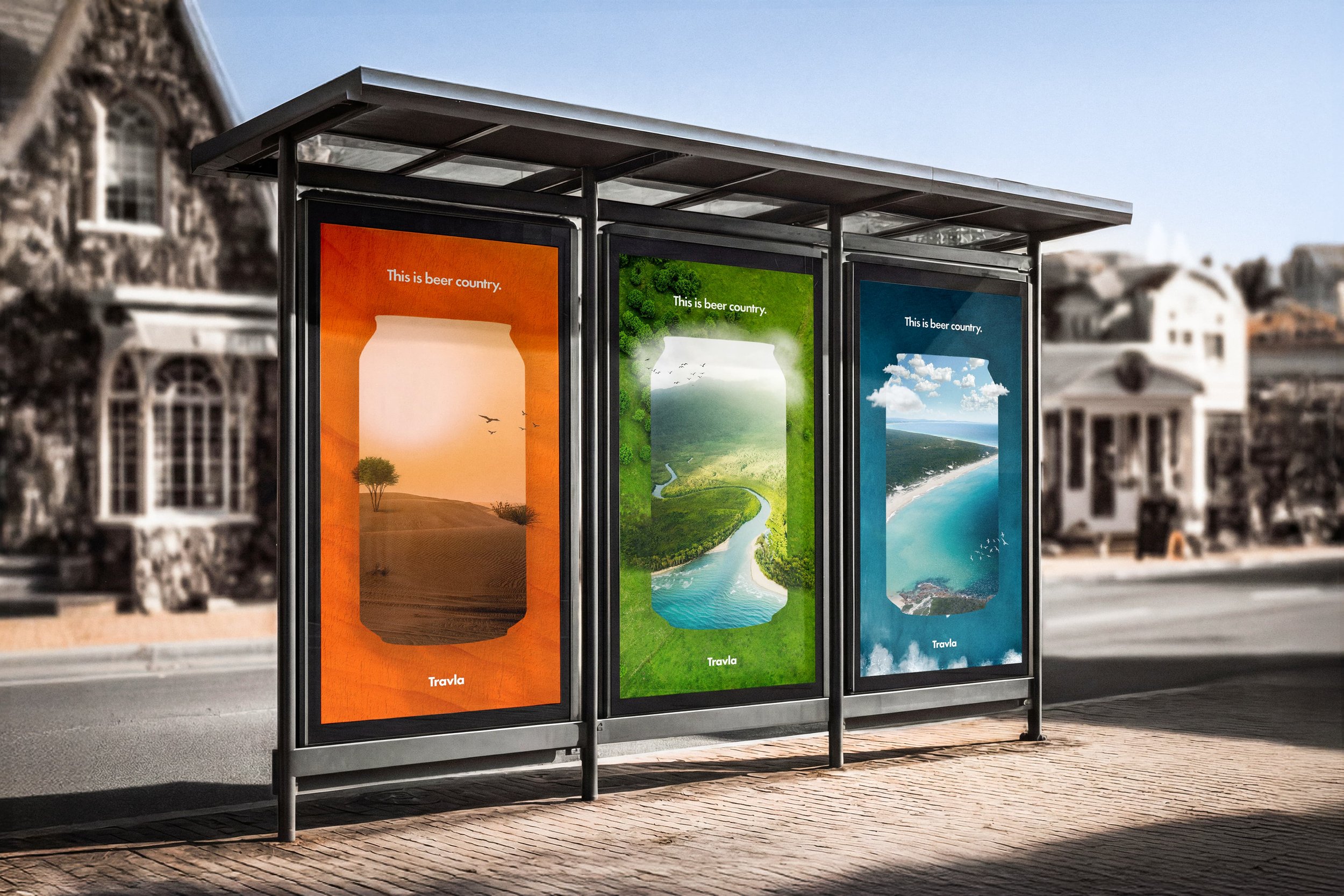Three outdoor bus stop advertisements featuring scenic landscapes with the caption 'This is beer country' and the word 'Travla' at the bottom.