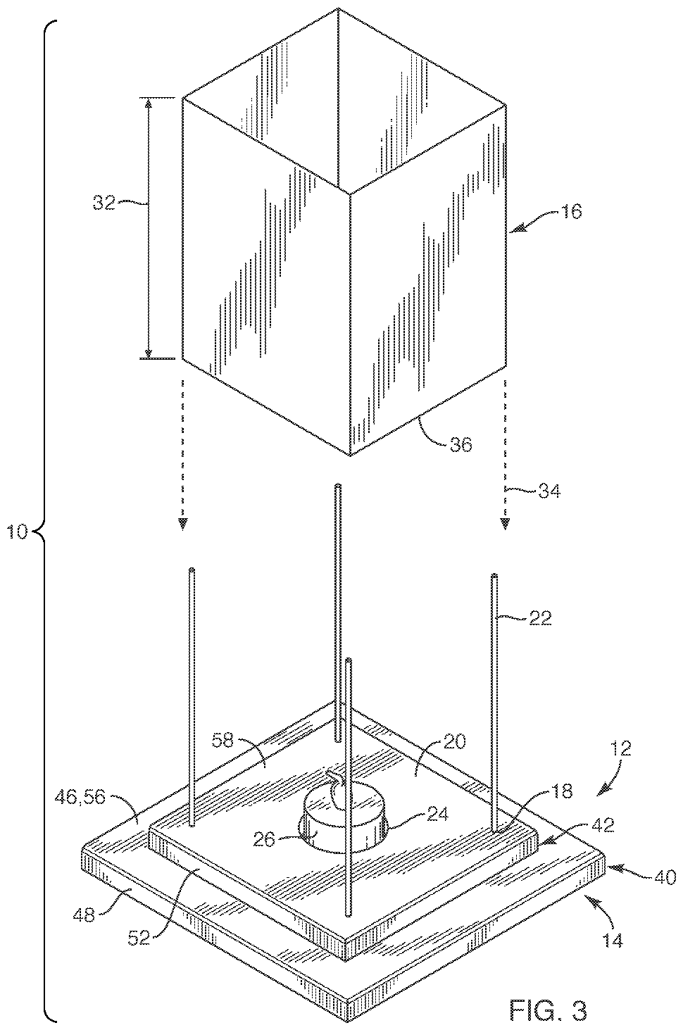 Technical drawing of a device with a rectangular base, vertical poles, and a large open-top box attached to pulleys and a hanging weight.
