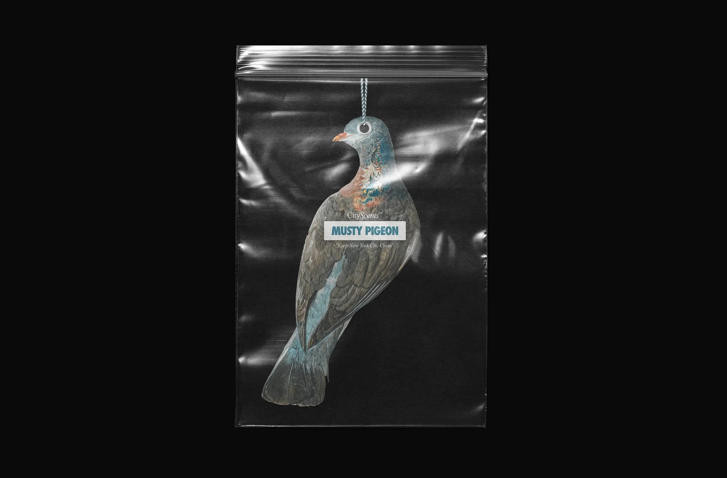 A clear plastic bag with a picture of a pigeon and the label 'Musty Pigeon' on it.