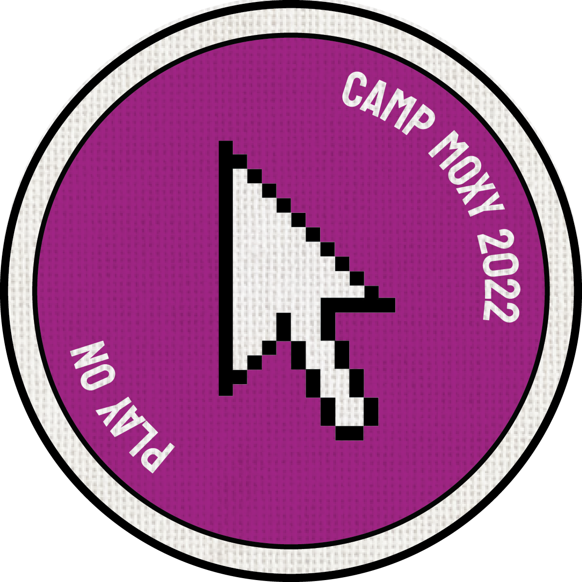 Purple circular badge with white text that reads "Camp Moxy 2022" at the top and "Play on" at the bottom. In the center, there is a pixelated black and white computer cursor arrow.