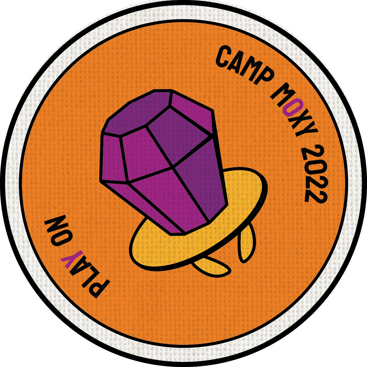 Colorful badge with a purple gemstone illustration and the text "PLARY CAMP MOXY 2022 ON" around the edge.