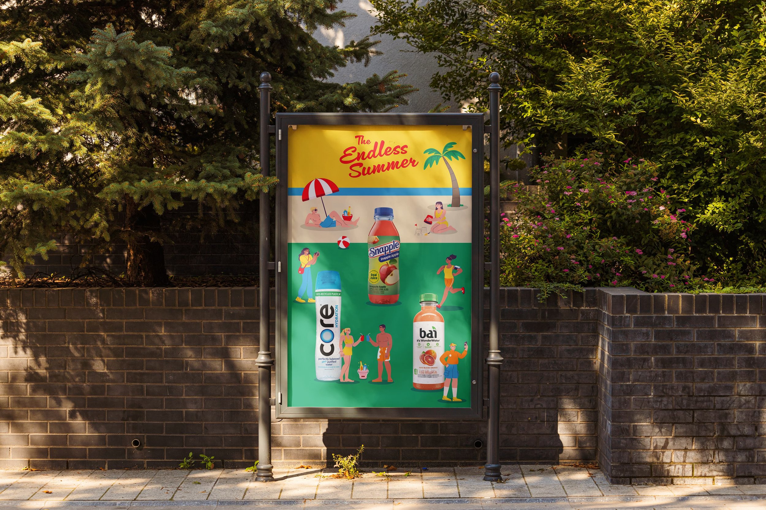A colorful outdoor billboard promoting summer with illustrations of people relaxing at the beach, playing with a ball, taking pictures, and drinking from bottles of water and juice, surrounded by lush green trees and bushes.