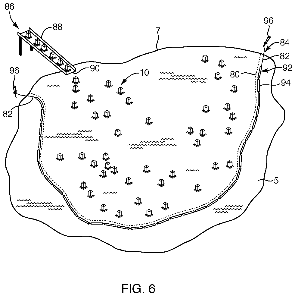 Diagram of a sealed artificial pond with various components, including a drainage system, support structures, and water inflow and outflow points.