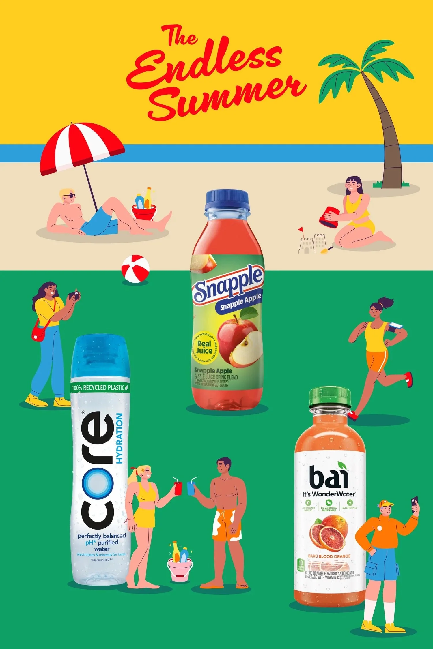Cartoon beach scene with people enjoying summer activities, large bottled beverages, and a colorful background with a palm tree, sun, and sky.
