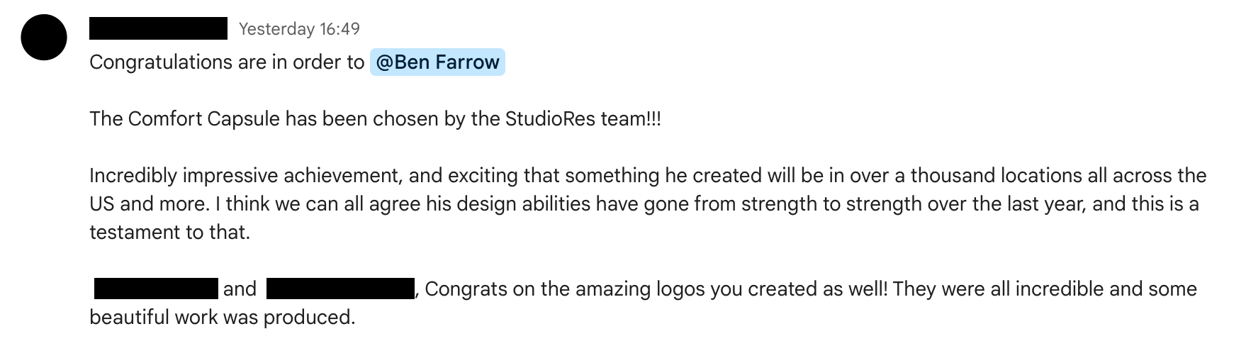 Screenshot of a social media post congratulating Ben Farrow on his achievement with the StudioRes team and the Comfort Capsule, and praising his design work.