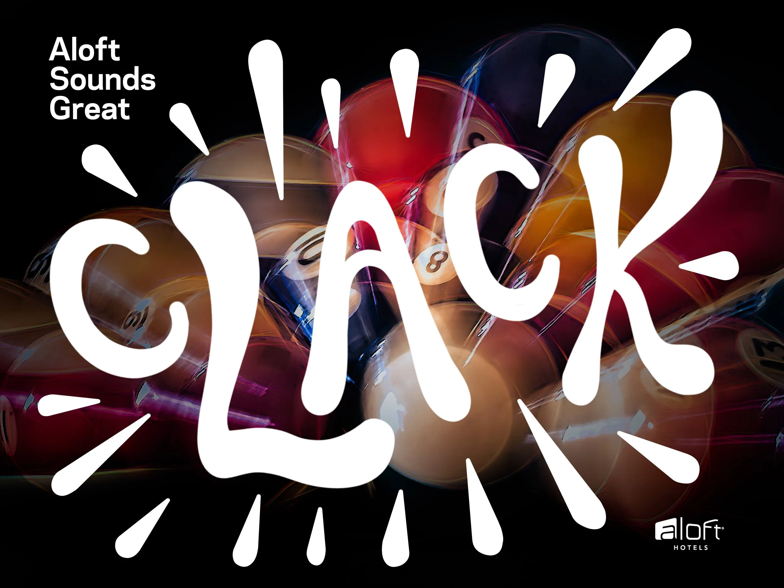 Black background with colorful abstract shapes and white text that reads "Aloft Sounds Great" along with the Aloft Hotels logo in the bottom right corner.