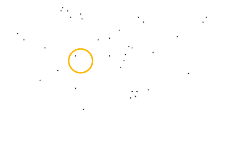 Black background with white constellation-like lines and dots, including a yellow circle highlighting one area and two irregular geometric shapes.