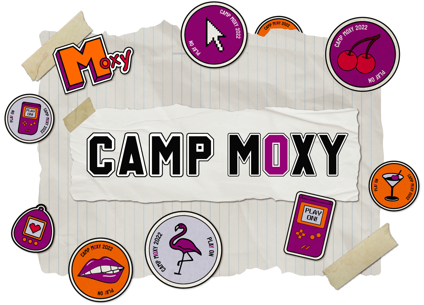 Colorful graphic design promoting Camp Moxy 2022 with stickers of cherries, lips, a flamingo, a martini glass, a game controller, a flip phone, and a pixelated cursor, on a background with torn paper and tape accents.
