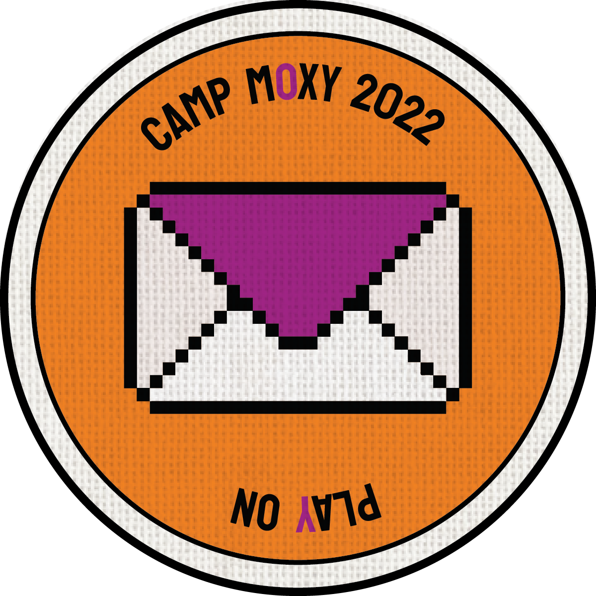 Pixel art style circular badge with orange background, black border, and white outer ring. Text reads 'CAMP MOXY 2022' at the top and 'PLAY ON' at the bottom, both in black, with a purple letter 'O' in the word 'MOXY' and a purple letter 'Y' in the p