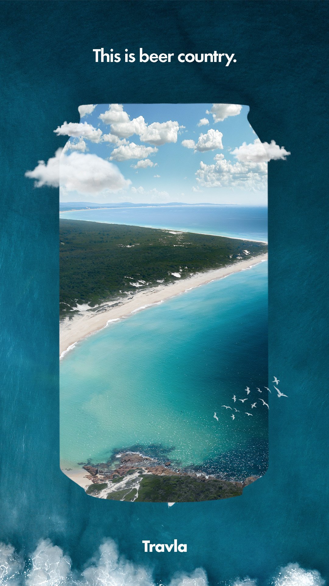 A view of the coastline with beach, forested area, and ocean, seen through the cutout of a can in the image.