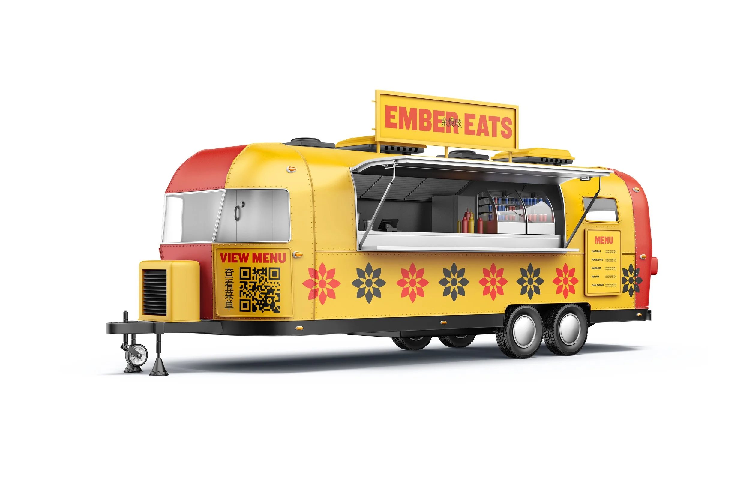 A colorful food truck with yellow, red, and black colors displays the name "Emben Eats" on a sign on top. The side of the truck has a menu, a QR code, and decorative floral patterns. The serving window is open, showing condiments inside.