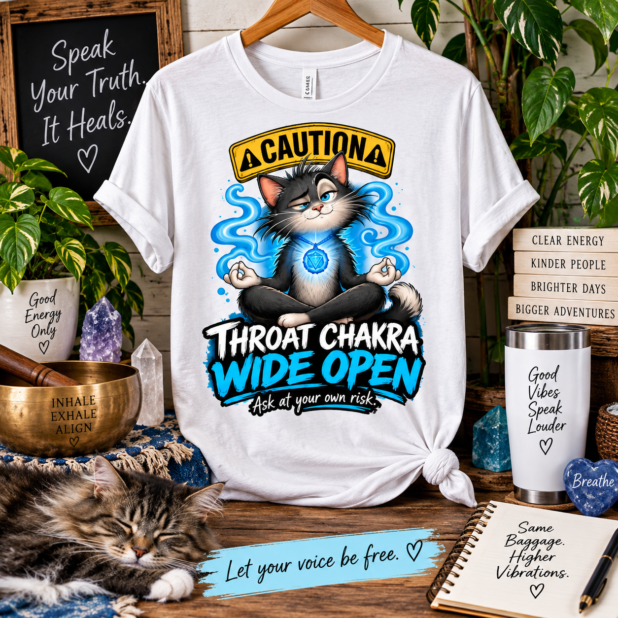 Throat Chakra Wide Open T-shirt featuring a meditating cat surrounded by blue energy, a funny gift for energy healers, Reiki practitioners and chakra lovers.