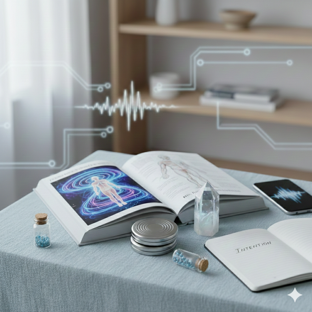 A collection of holistic healing resources featuring a book with a human toroidal field illustration, energy balancing tools, and a journal for setting intentions.