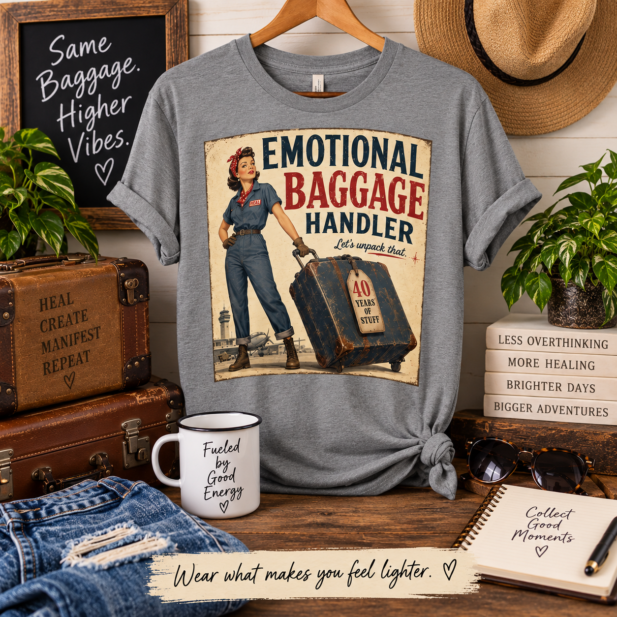 Emotional Baggage Handler shirt with a retro woman and vintage suitcase, a funny gift for energy healers, Emotion Code practitioners and helping professionals.