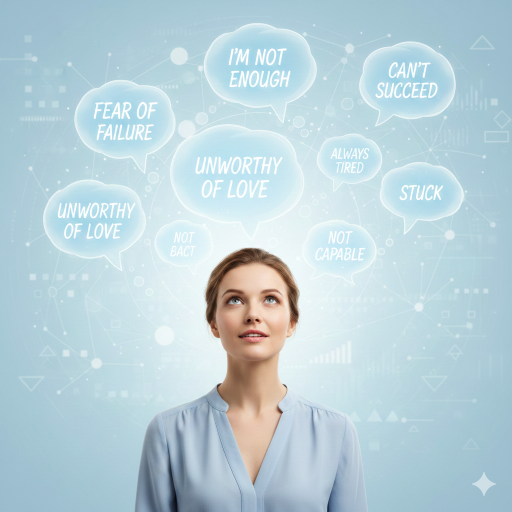 A woman surrounded by floating spheres representing subconscious beliefs and emotional layers, illustrating how the Belief Code identifies and clears energetic blocks.