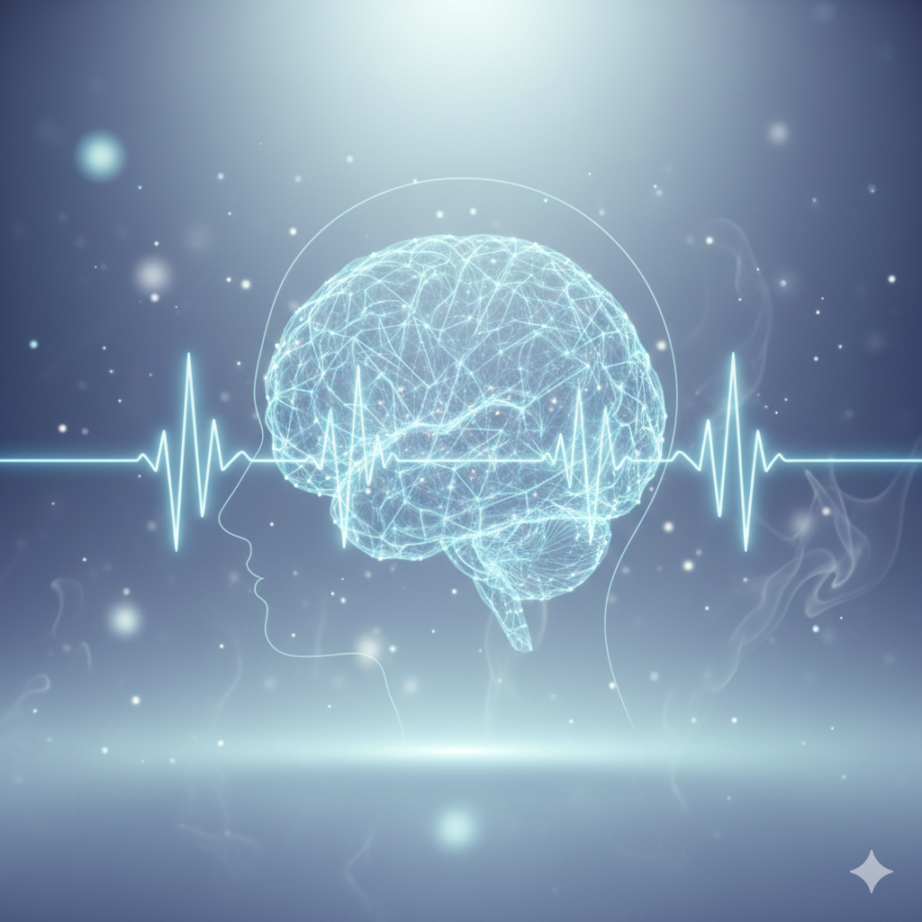 Digital illustration of a human brain with a glowing Theta brain wave frequency pulse, representing subconscious healing and affirmation music