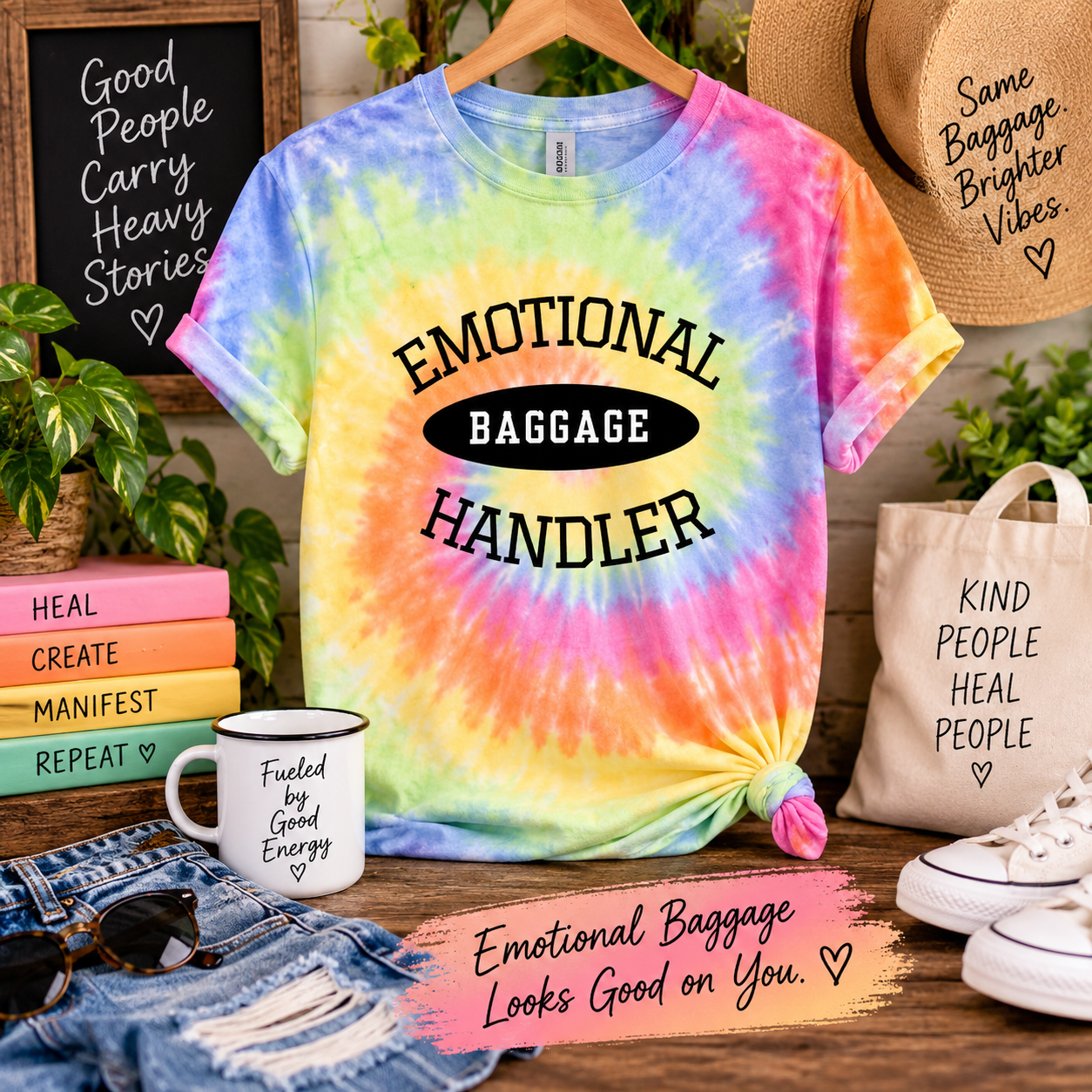 Colorful rainbow tie-dye Emotional Baggage Handler T-shirt from Illumination 11 Energy Healing, featuring a playful design celebrating emotional healing, self-awareness, and letting go of emotional baggage with humor.