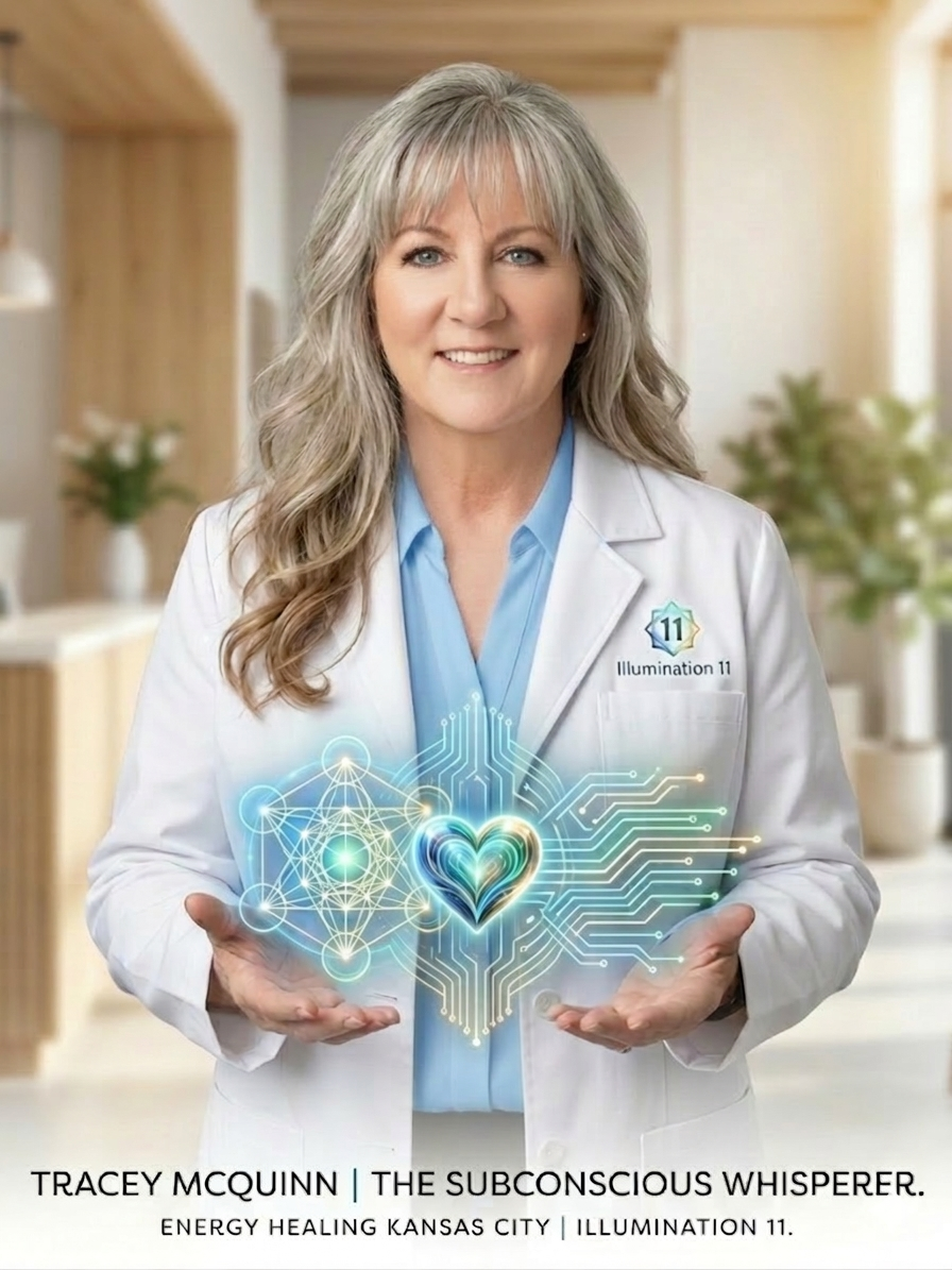 Tracey McQuinn, The Subconscious Whisperer, demonstrating Belief Code energy healing with an image of a radiant heart and Metatron's Cube sacred geometry.