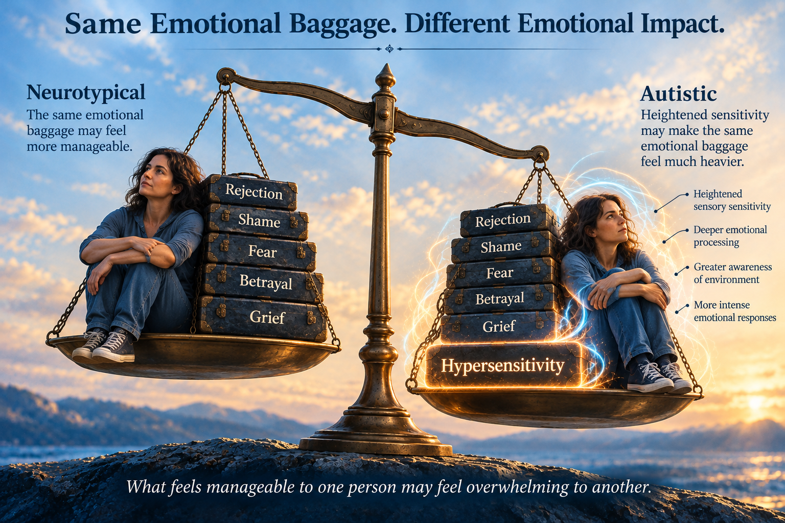 Balance scales comparing identical emotional baggage, with hypersensitivity adding weight to the autistic person's experience.