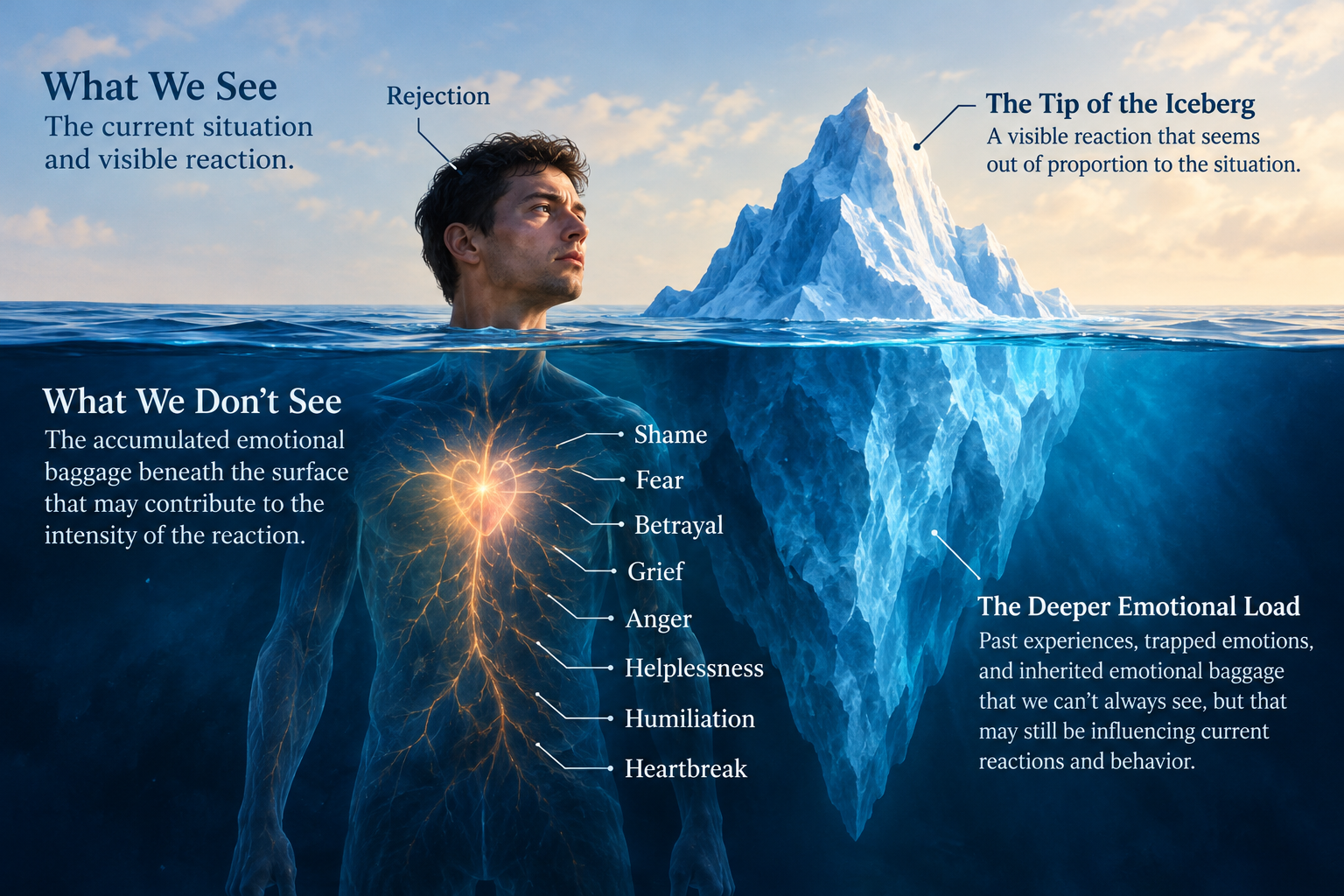 Iceberg illustration showing visible emotional reactions above water and hidden emotional baggage, including fear, grief, shame, and betrayal, beneath the surface.