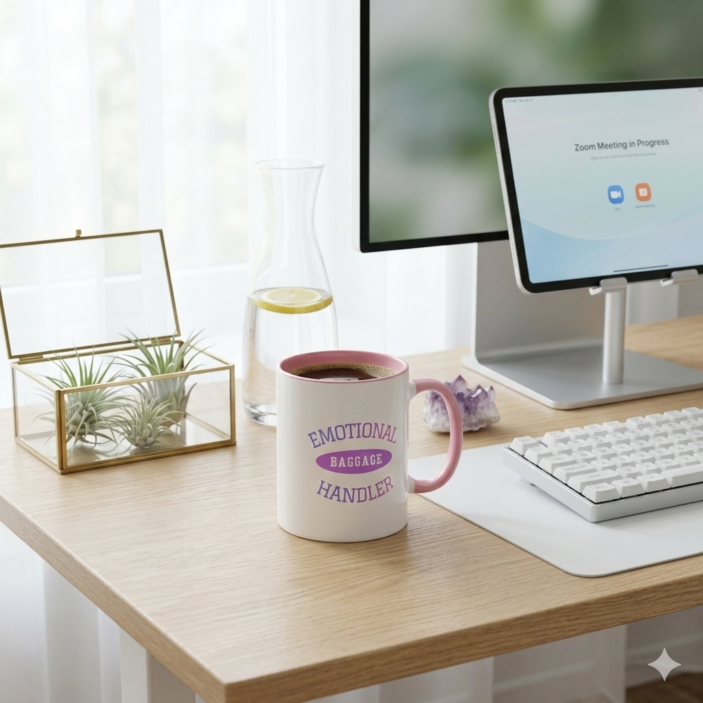 Emotional Baggage Handler mug representing emotional baggage and emotional energy healing concepts.