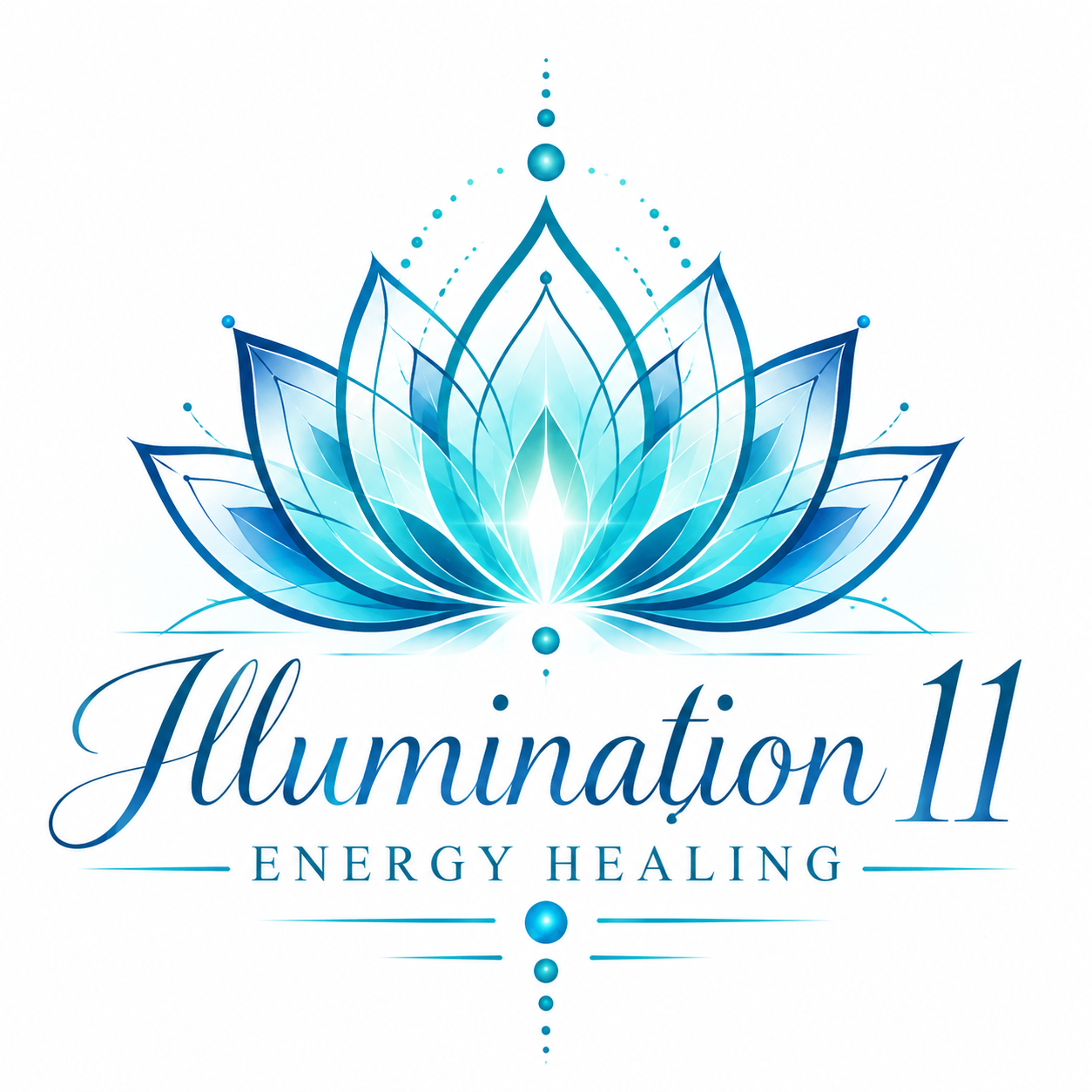 Illumination 11 Energy Healing logo featuring an elegant blue and turquoise lotus flower with delicate ornamental details and the business name in flowing script.