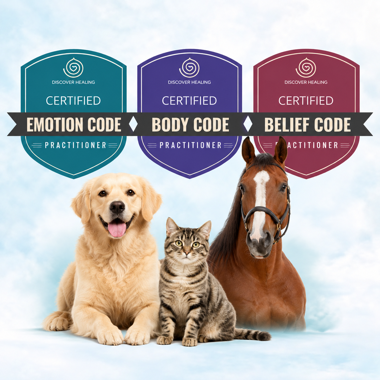 Certified Emotion Code®, Body Code® and Belief Code® Practitioner badges with dog, cat and horse representing energy sessions for pets