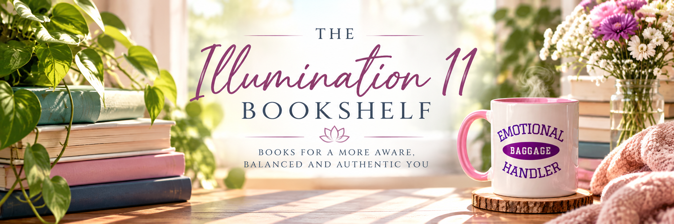 Illumination 11 Bookshelf featuring recommended books on emotional healing, energy healing, personal growth, mindset, sound and frequency, tapping, reflexology, crystals and holistic wellness.