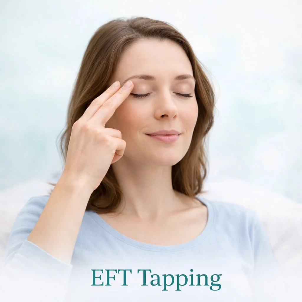 Woman practicing EFT tapping technique by touching the inner eyebrow meridian point for stress relief.