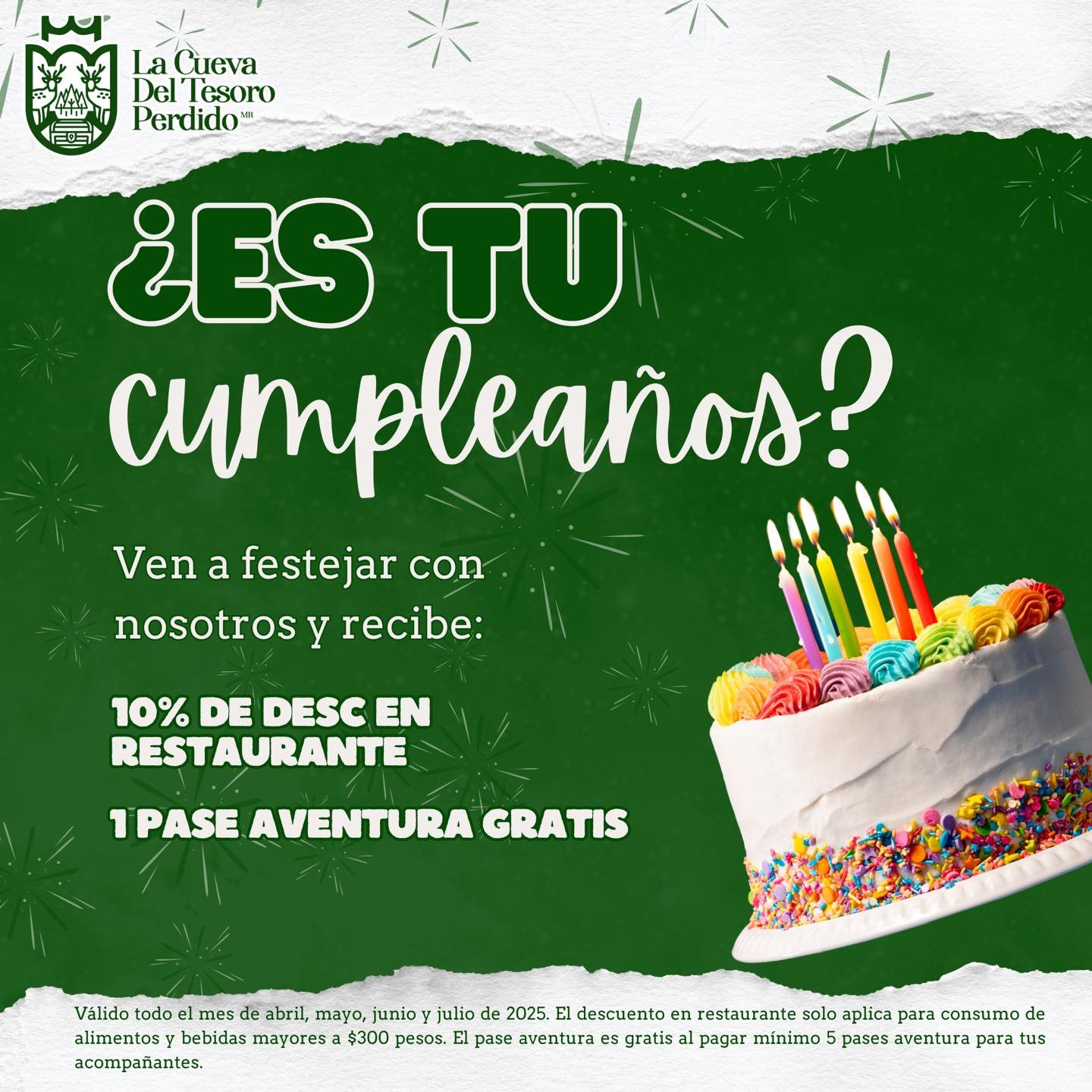 🎉 &iexcl;Ven a festejar tu cumplea&ntilde;os con nosotros! 🥳 🎈 

Recibe:
🌟 10% de descuento en tu cuenta de restaurante 😱
🌟 1 Pase Aventura gratis 😱

😃 Te esperamos s&aacute;bados y domingos de 9 am a 6 pm. 🤩