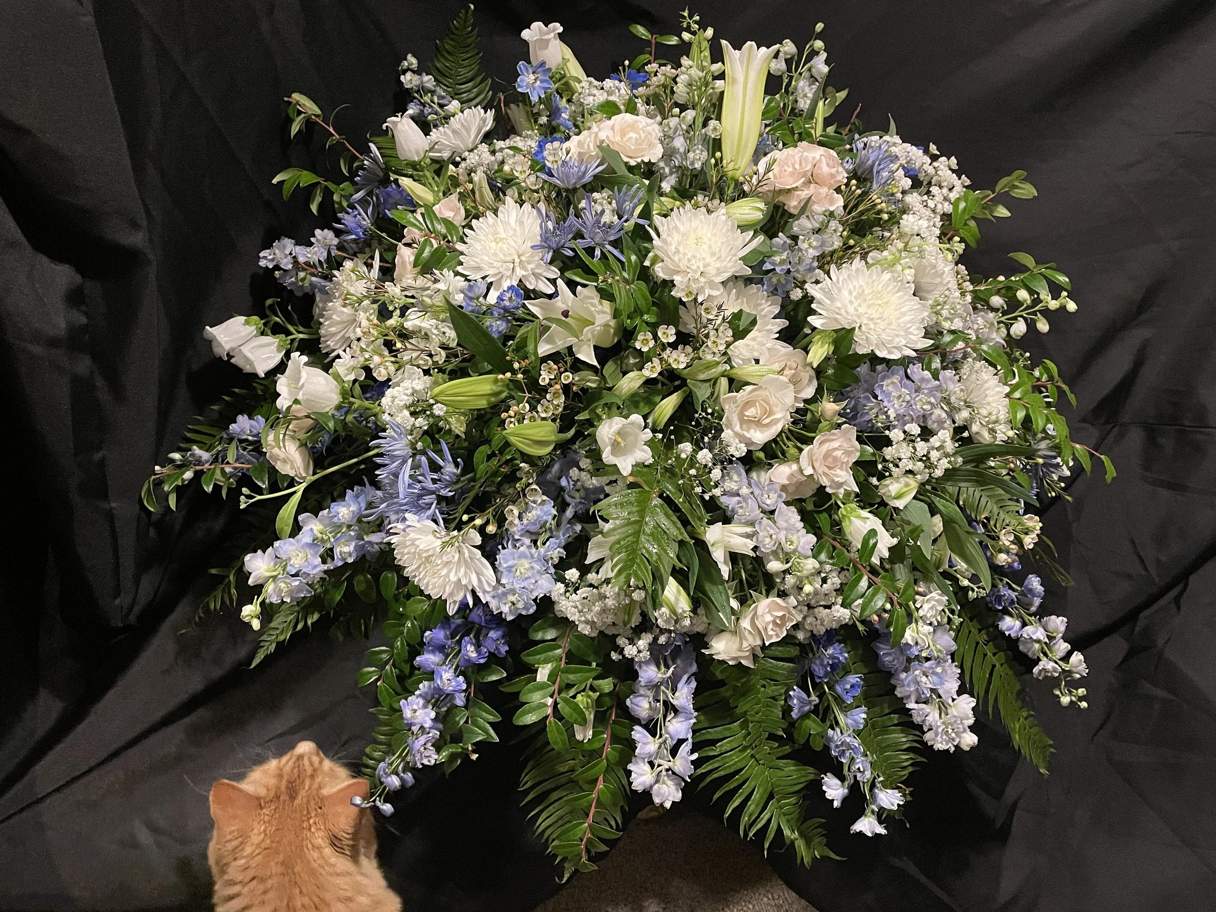 Large floral arrangement with white and light purple flowers, green leaves, and fern-like foliage, placed on a black surface with black background. A small orange tabby cat's head is partially visible at the bottom of the image.