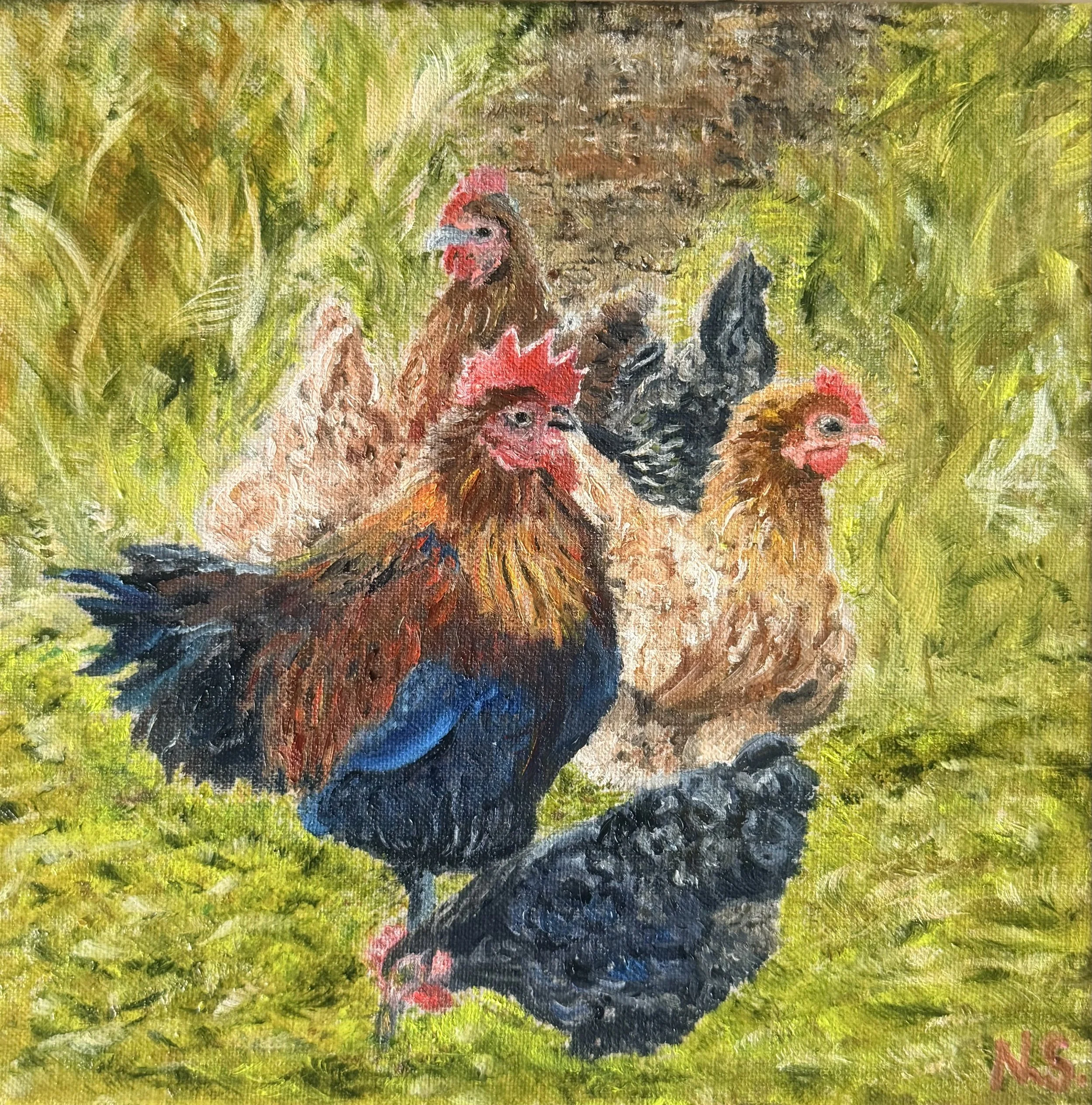 Amongst the Hens 25x25cm $175