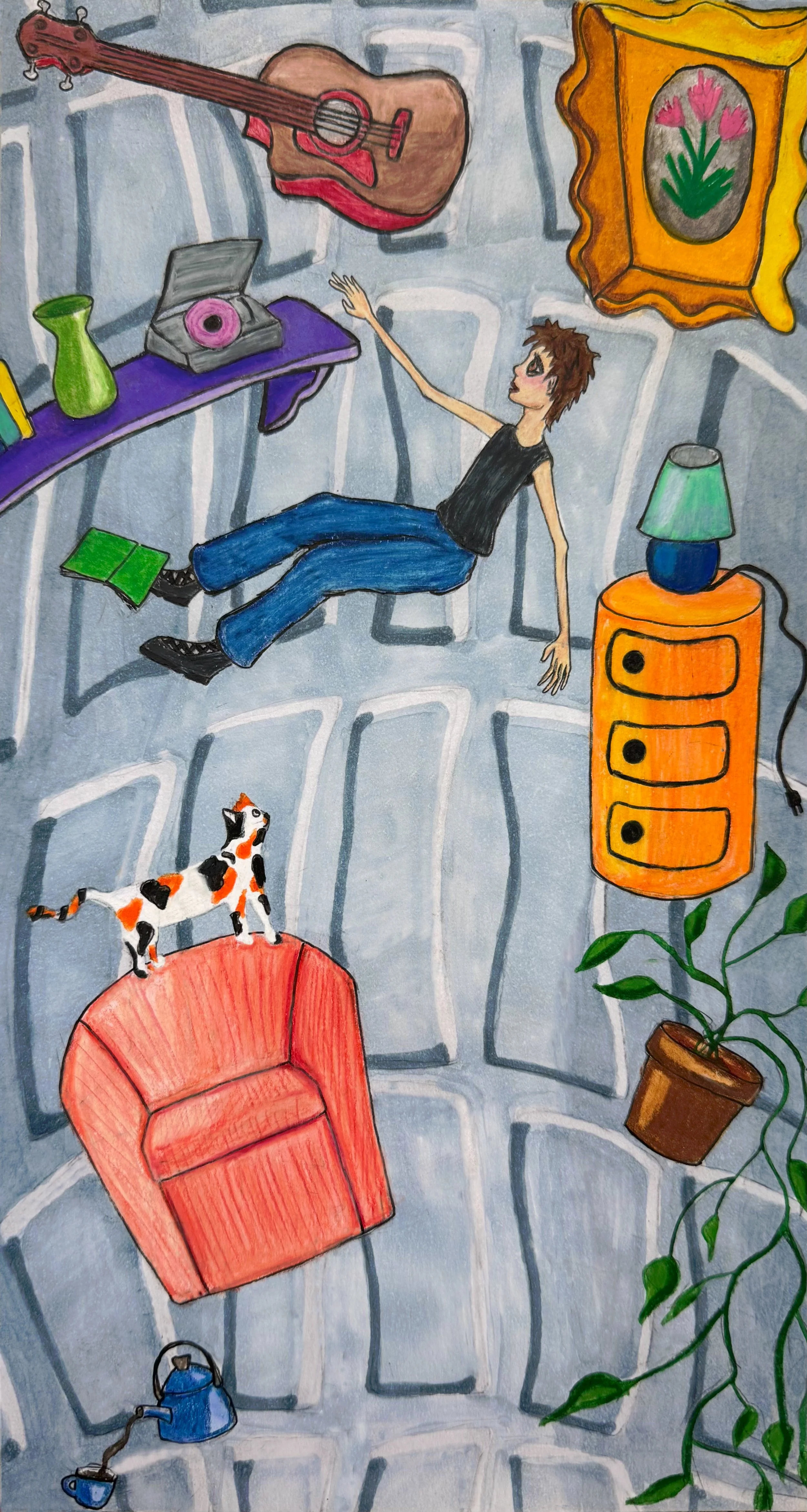 Colored pencil and marker drawing of the artist falling through space, surrounded by other falling objects and beings. These include a guitar, a floral painting, a shelf holding books and a record player, a pothos plant, a chair with a cat, and a ket