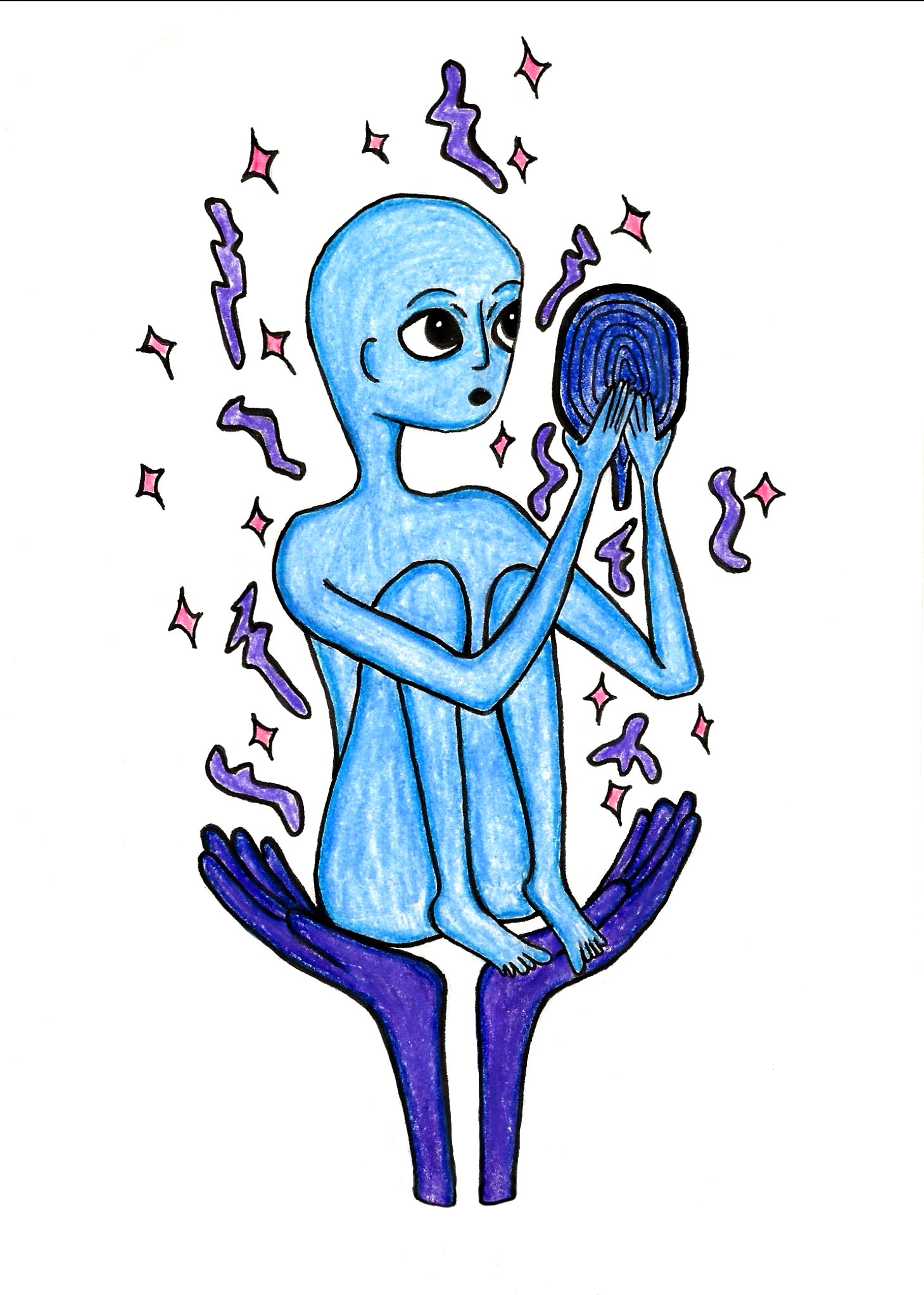 A mixed media drawing of an alien-like figure held up in the palms of tow hands. Their knees are bunched up to their chest as they look with wonder into a mirror. Surrounding them are stars and dots. 