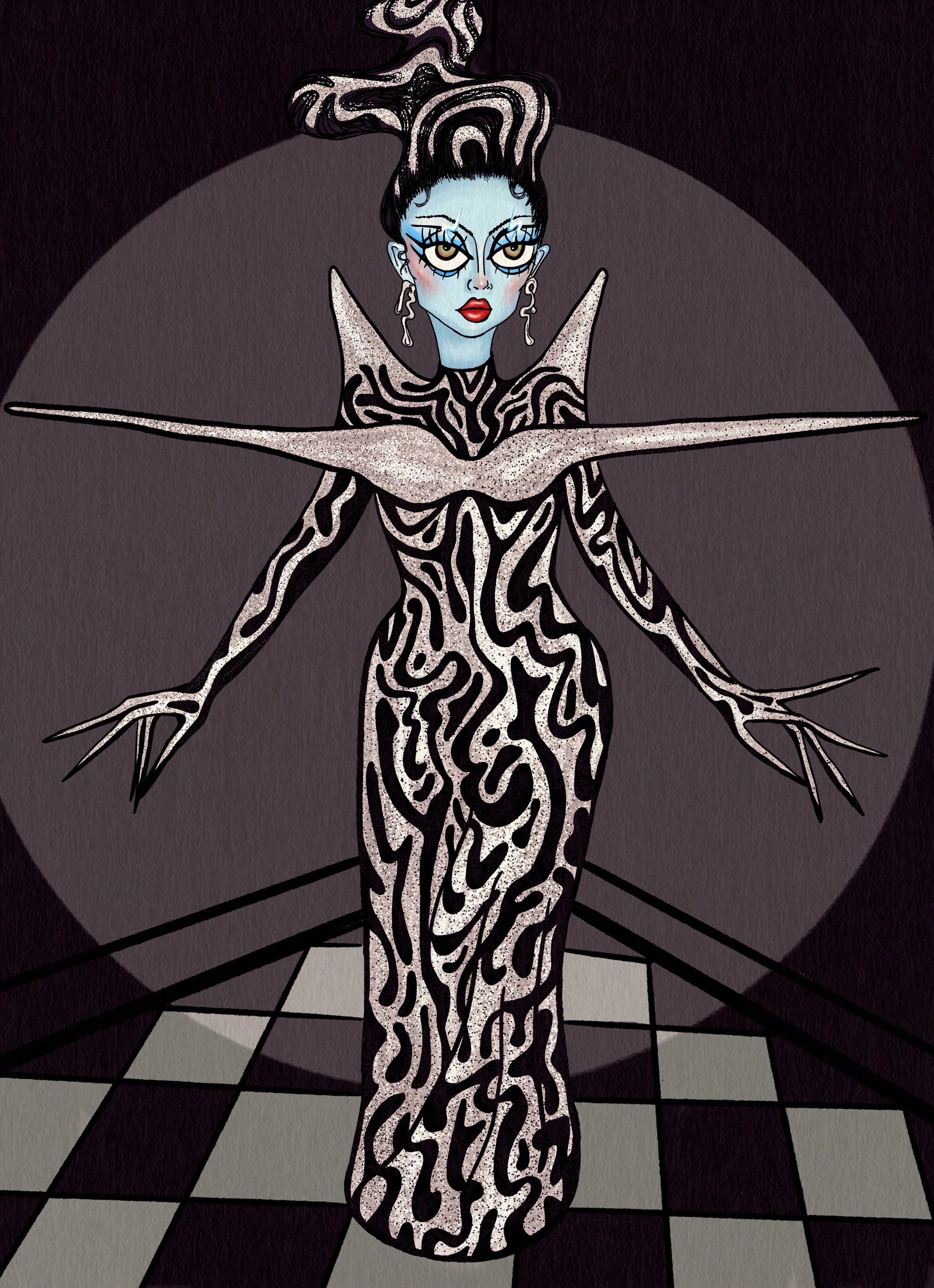 Digital drawing of drag performer Nini Coco. She wears a sculptural, patterned gown with a matching wig. Her face is painted blue with heavy drag makeup, and she stands on a checkered floor.